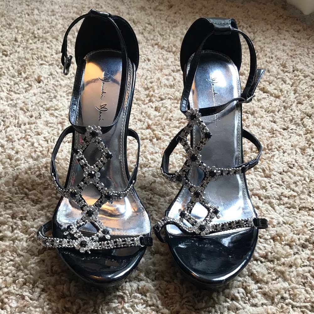 5” black high heels with jewel front straps